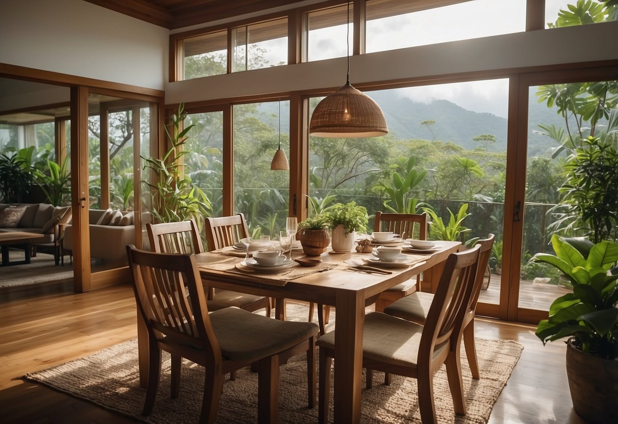 A cozy living room with a teak wood dining set, surrounded by lush greenery and natural light streaming in through the windows