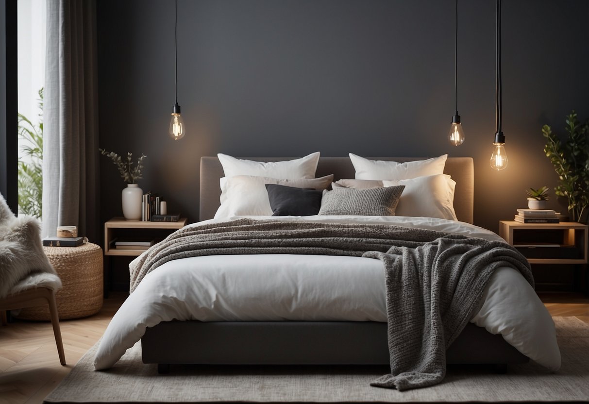 A cozy bedroom with sleek IKEA furniture, including a minimalist bed frame, stylish nightstands, and a functional wardrobe. The room is accessorized with soft throw pillows, a plush rug, and modern lighting fixtures