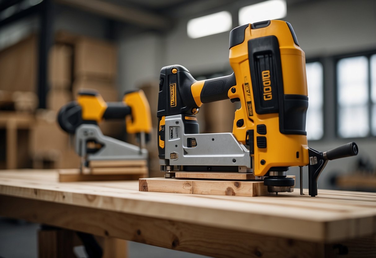 A stack of pallets, saw, drill, and measuring tape on a workbench. Finished furniture pieces in the background