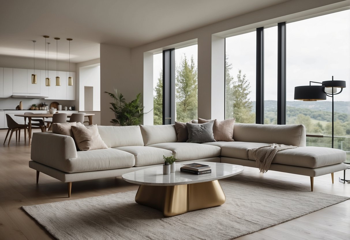 A modern living room with sleek, minimalist furniture from ohmm. Clean lines, neutral colors, and a sense of calm and simplicity