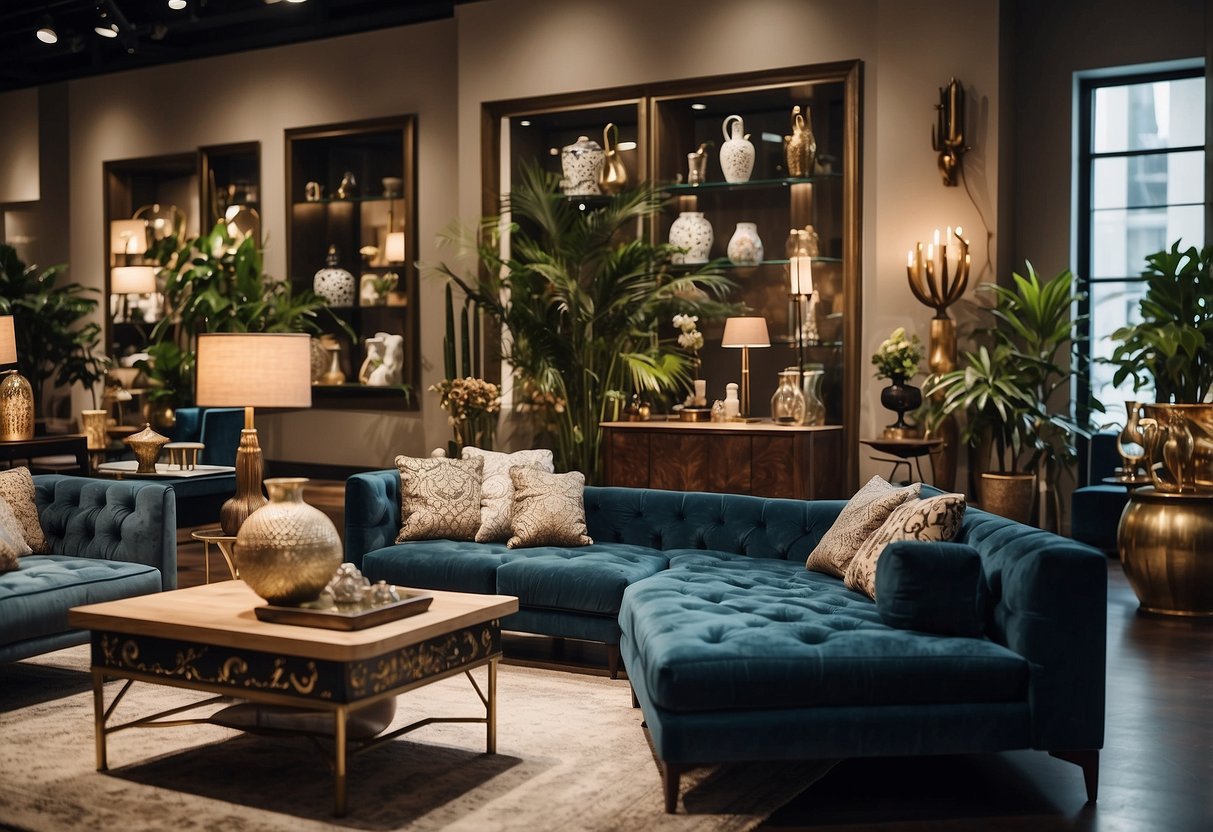 A showroom filled with eclectic furniture pieces, from sleek modern designs to ornate vintage pieces, arranged in an inviting and artistic display
