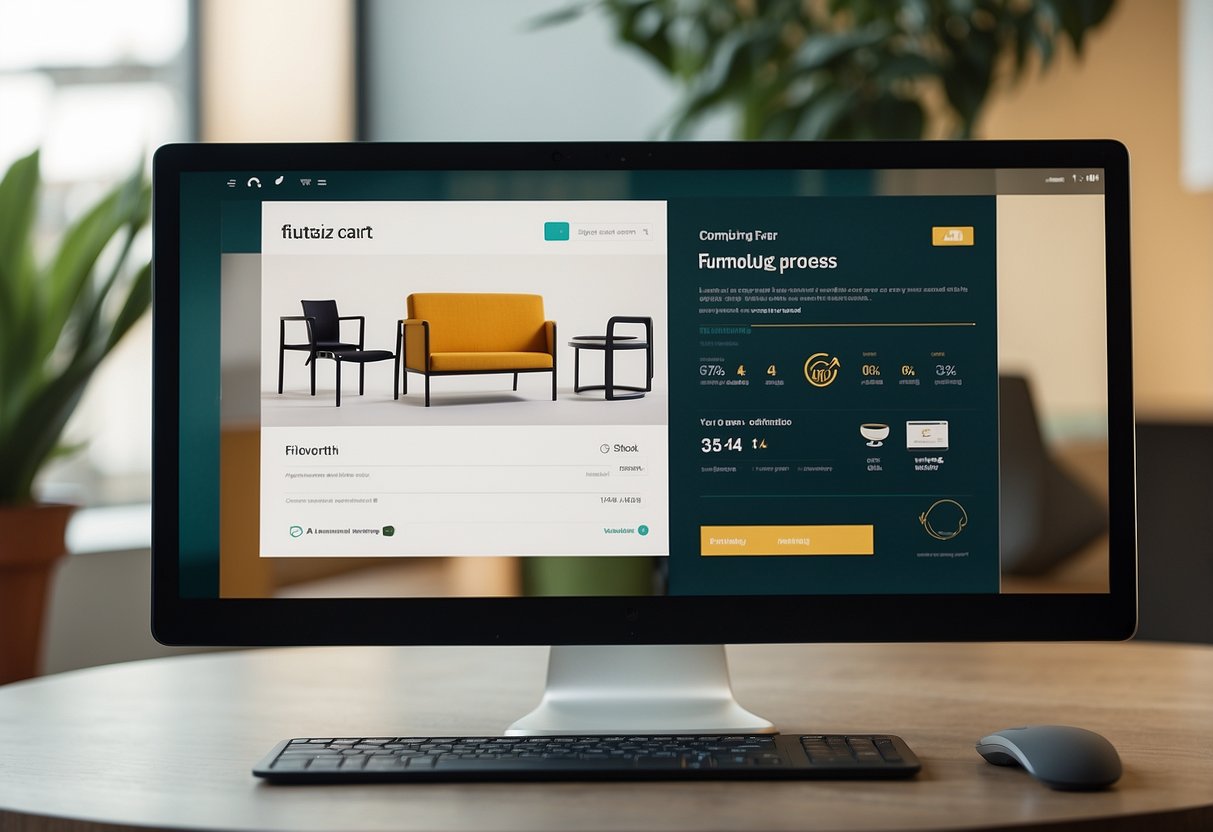 A computer screen displaying a website with various furniture options. A virtual shopping cart and credit card symbol indicate the online purchasing process