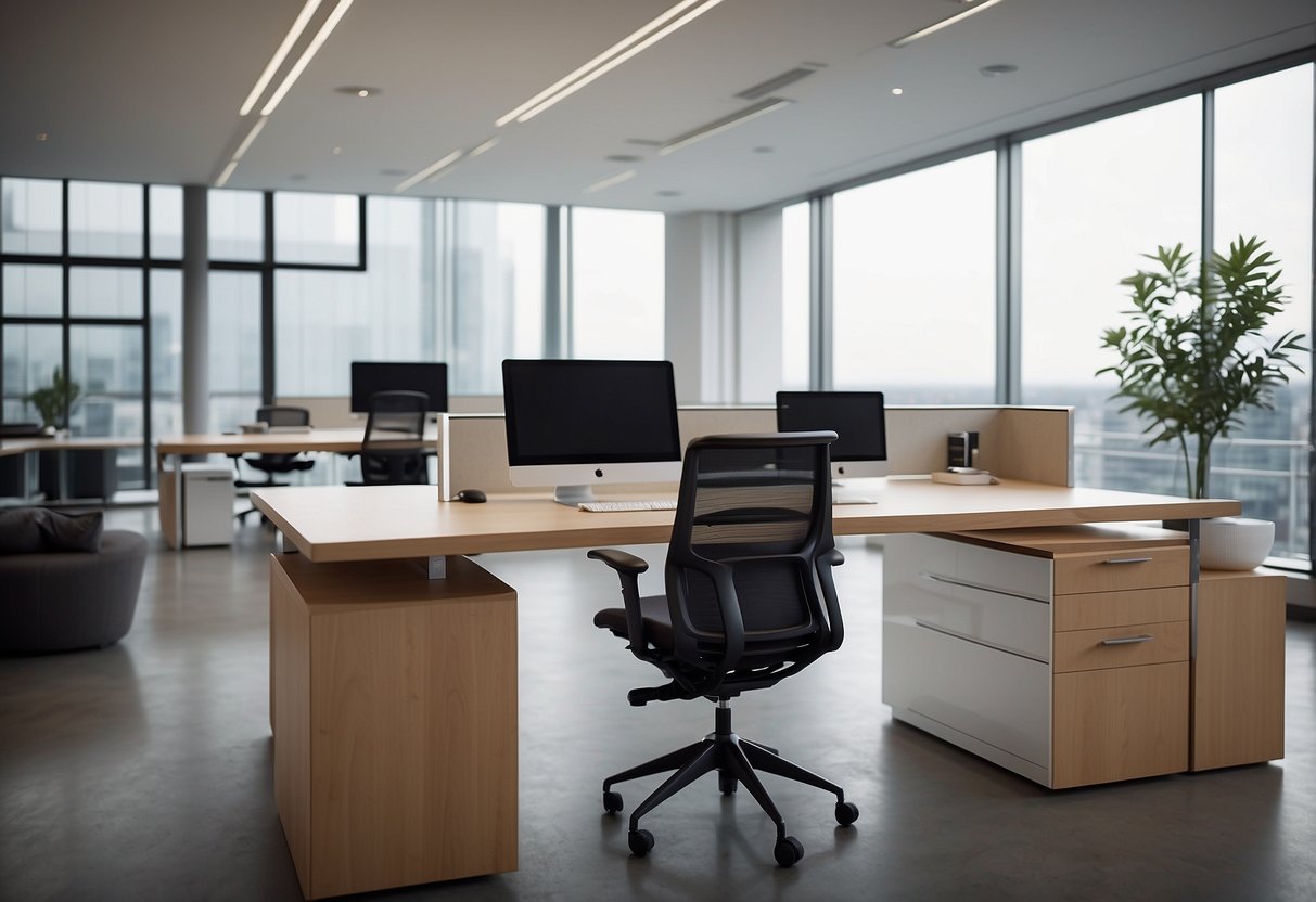 A modern office with sleek, ergonomic furniture from BM. Clean lines, neutral colors, and functional design