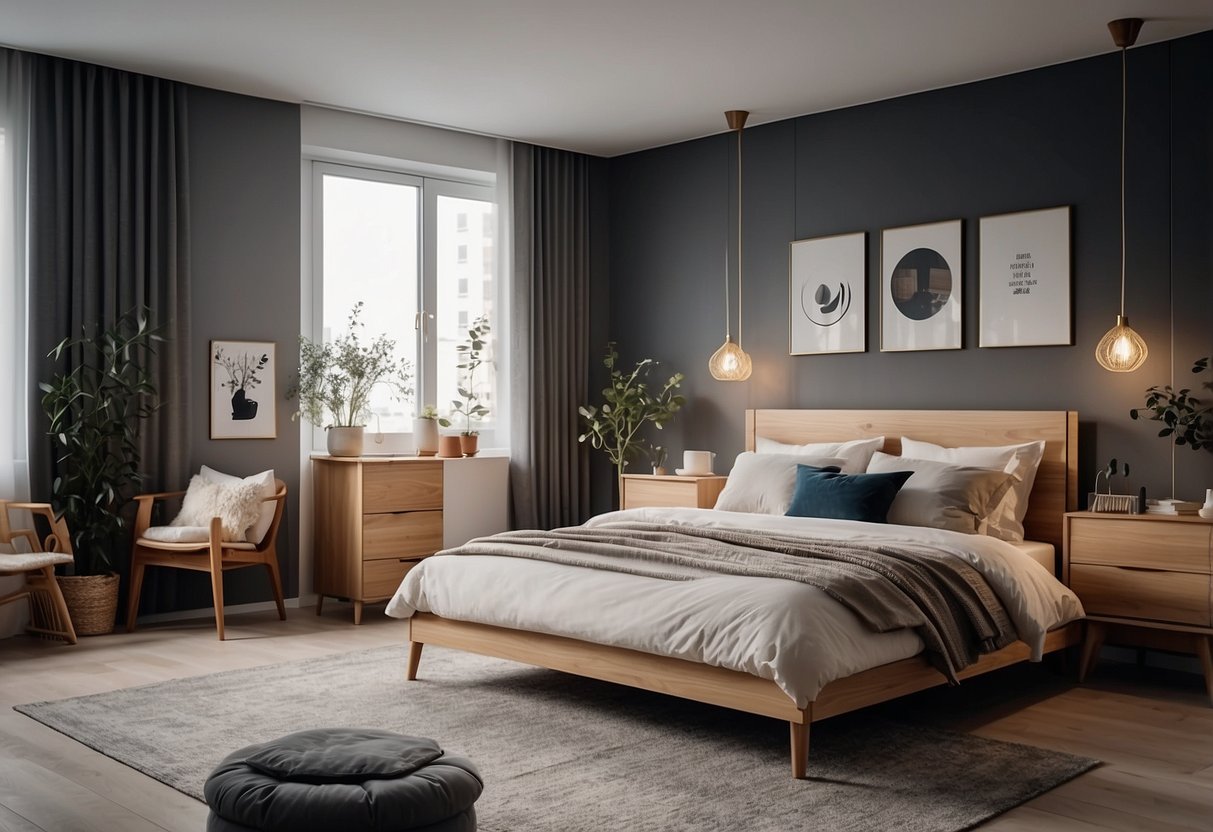 A cozy bedroom with sleek IKEA furniture, including a stylish bed frame, spacious wardrobe, and functional nightstands. The room is well-lit with natural light, and the furniture is arranged neatly and stylishly