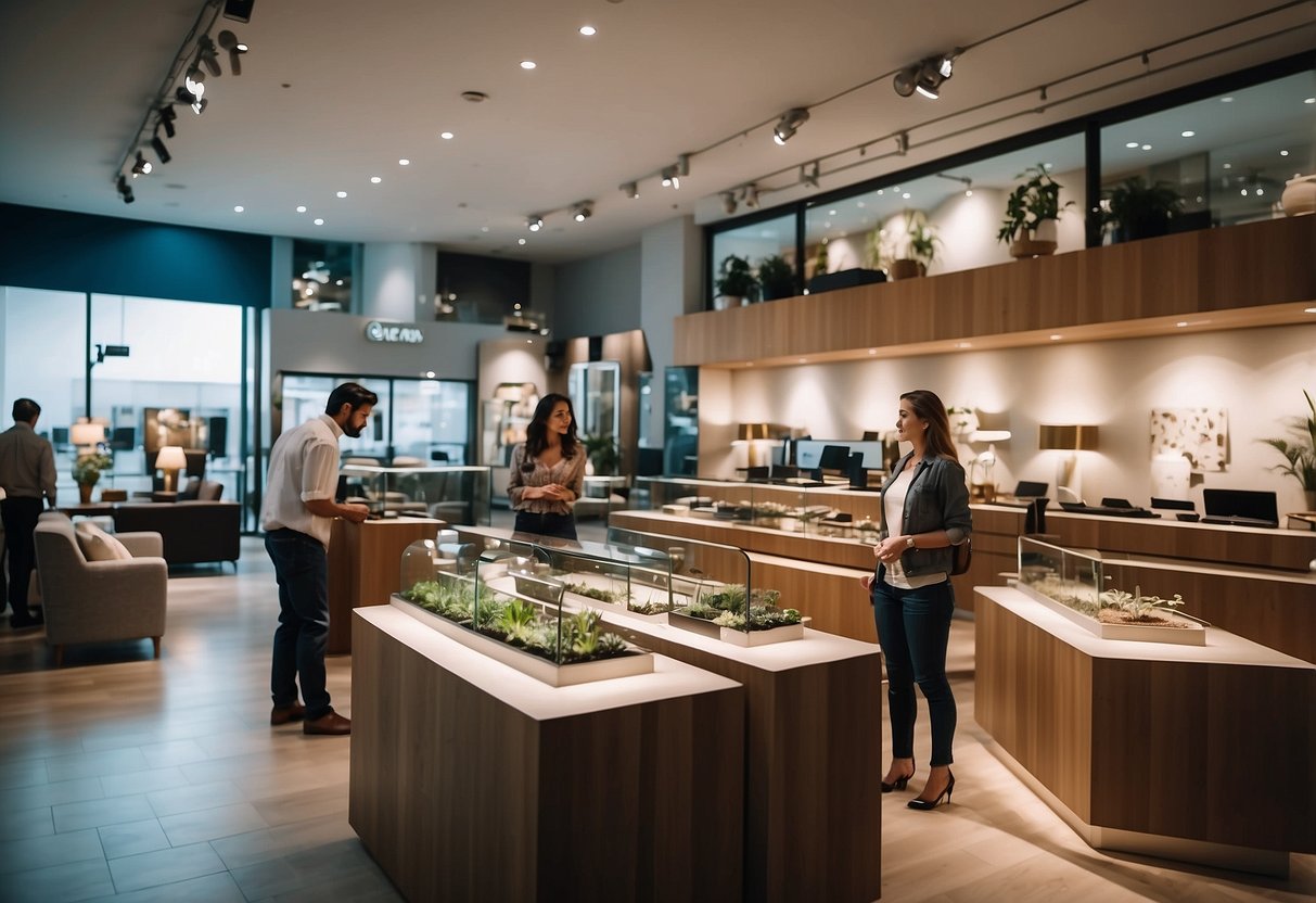 Customers browsing furniture, comparing prices and styles. Salesperson providing information. Brightly lit showroom with various displays