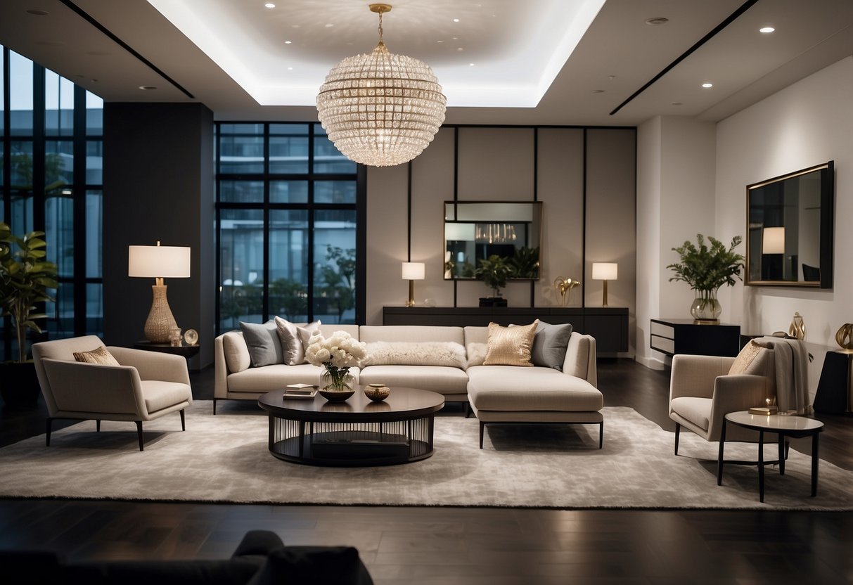 A showroom with modern, elegant furniture pieces displayed in a spacious, well-lit setting. Clean lines, luxurious materials, and unique designs stand out