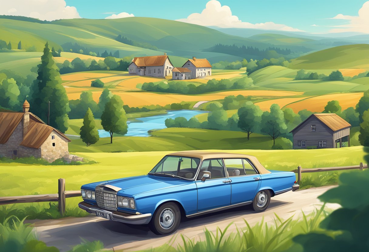 A car with the license plate "RSK" parked in a scenic countryside setting