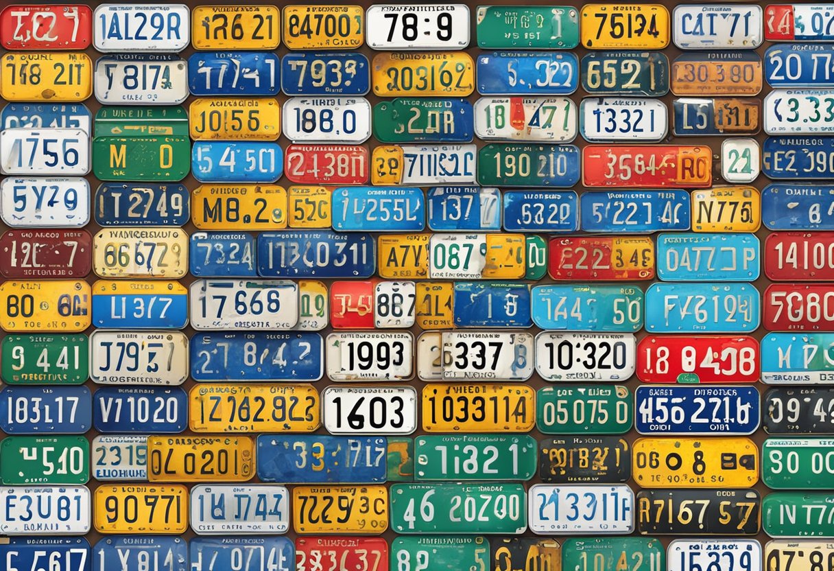 A collection of country code license plates hanging on a wall, representing the history and significance of international country codes