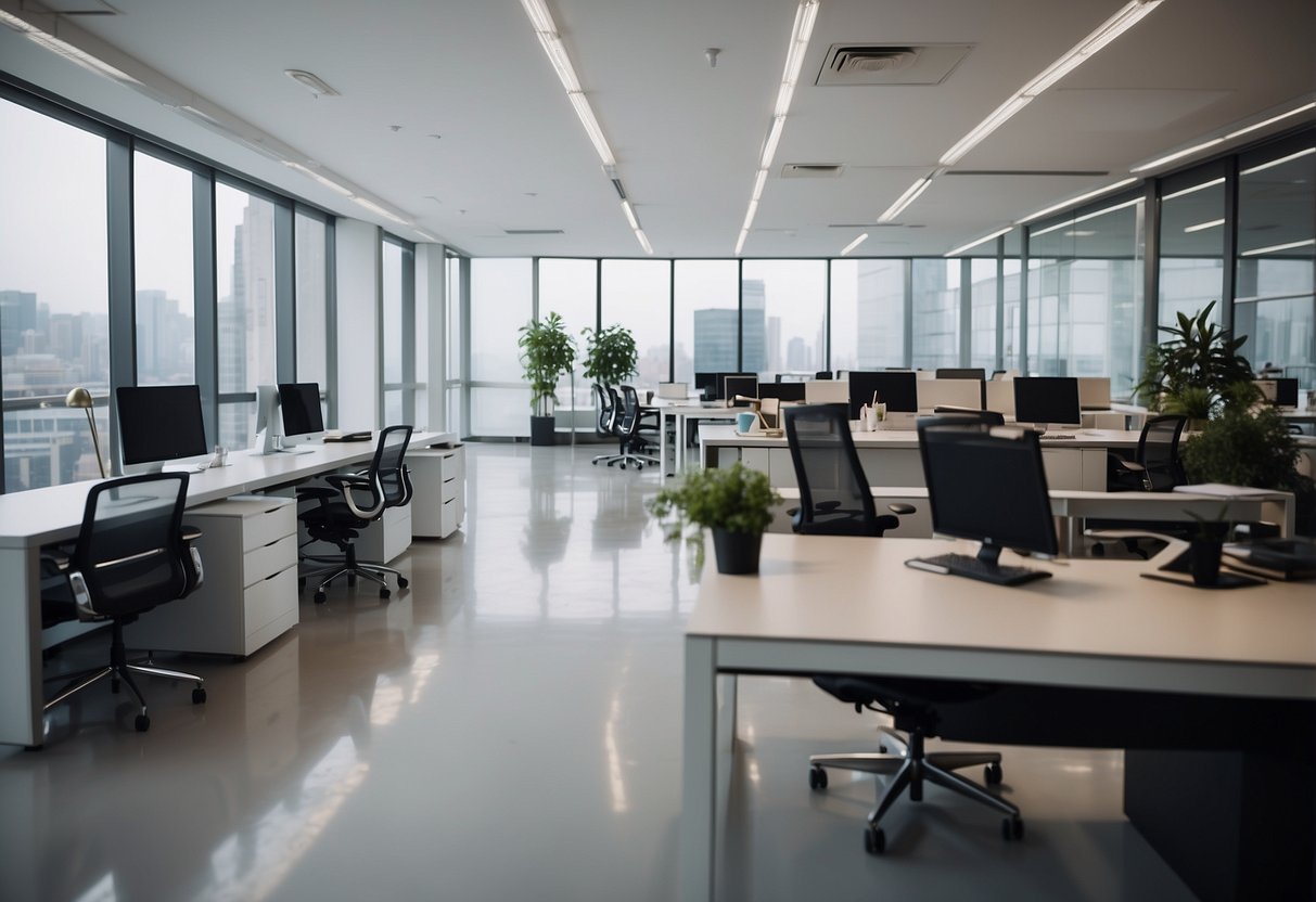 A modern office setting with sleek, minimalist furniture and a range of office supplies and equipment on display