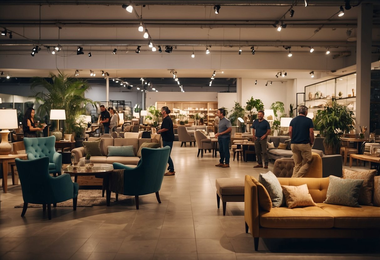 A busy furniture shop with customers browsing and staff assisting. Displayed items include sofas, tables, and chairs. The shop is well-lit and neatly organized
