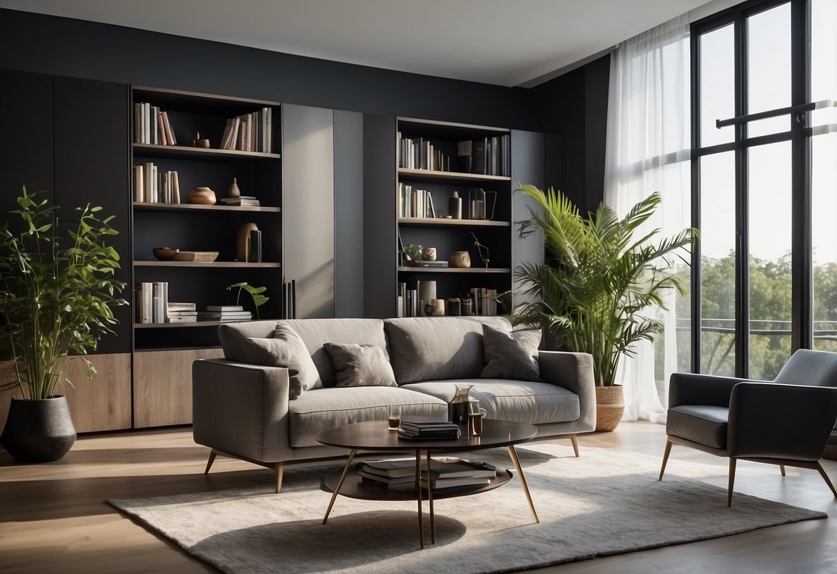 A modern living room with a sleek blafink furniture set, including a sofa, coffee table, and bookshelf. The room is well-lit with natural light and features a minimalist design aesthetic