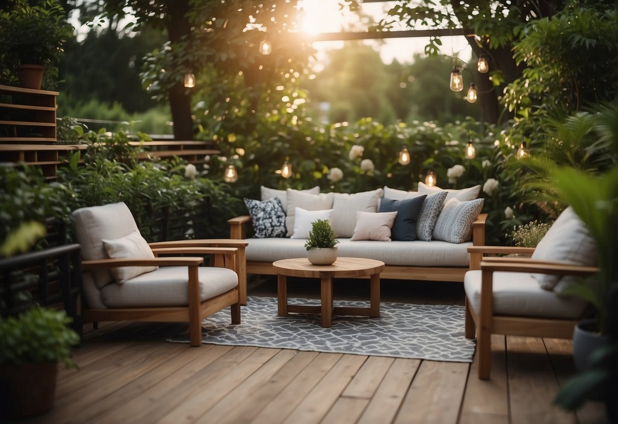 A cozy outdoor space with ohmm furniture: a wooden deck with a comfortable sofa and chairs, surrounded by lush greenery and soft ambient lighting