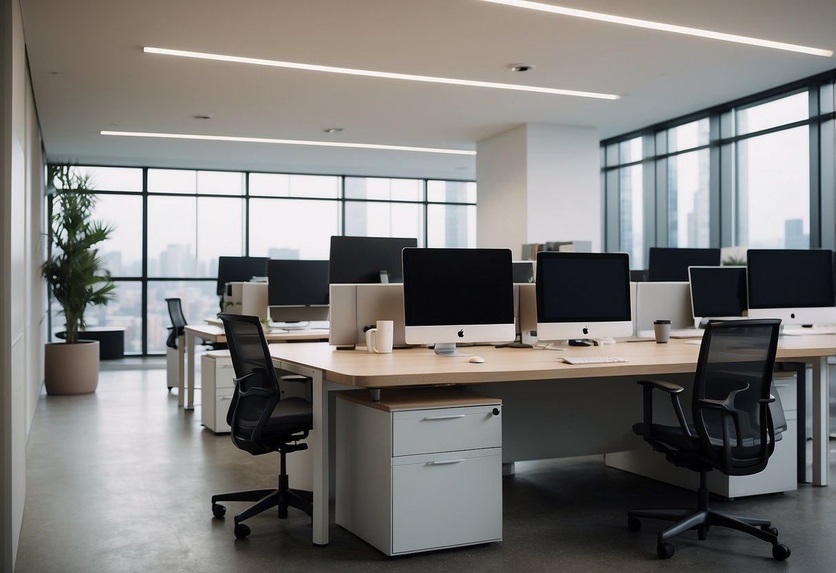 A modern office space with sleek BM office furniture, featuring ergonomic chairs, spacious desks, and stylish storage solutions