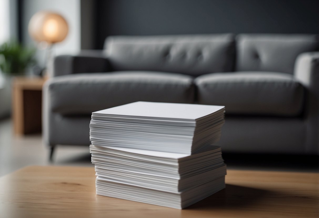 A stack of FAQ cards next to a modern and stylish furniture piece, with a minimalist design and clean lines