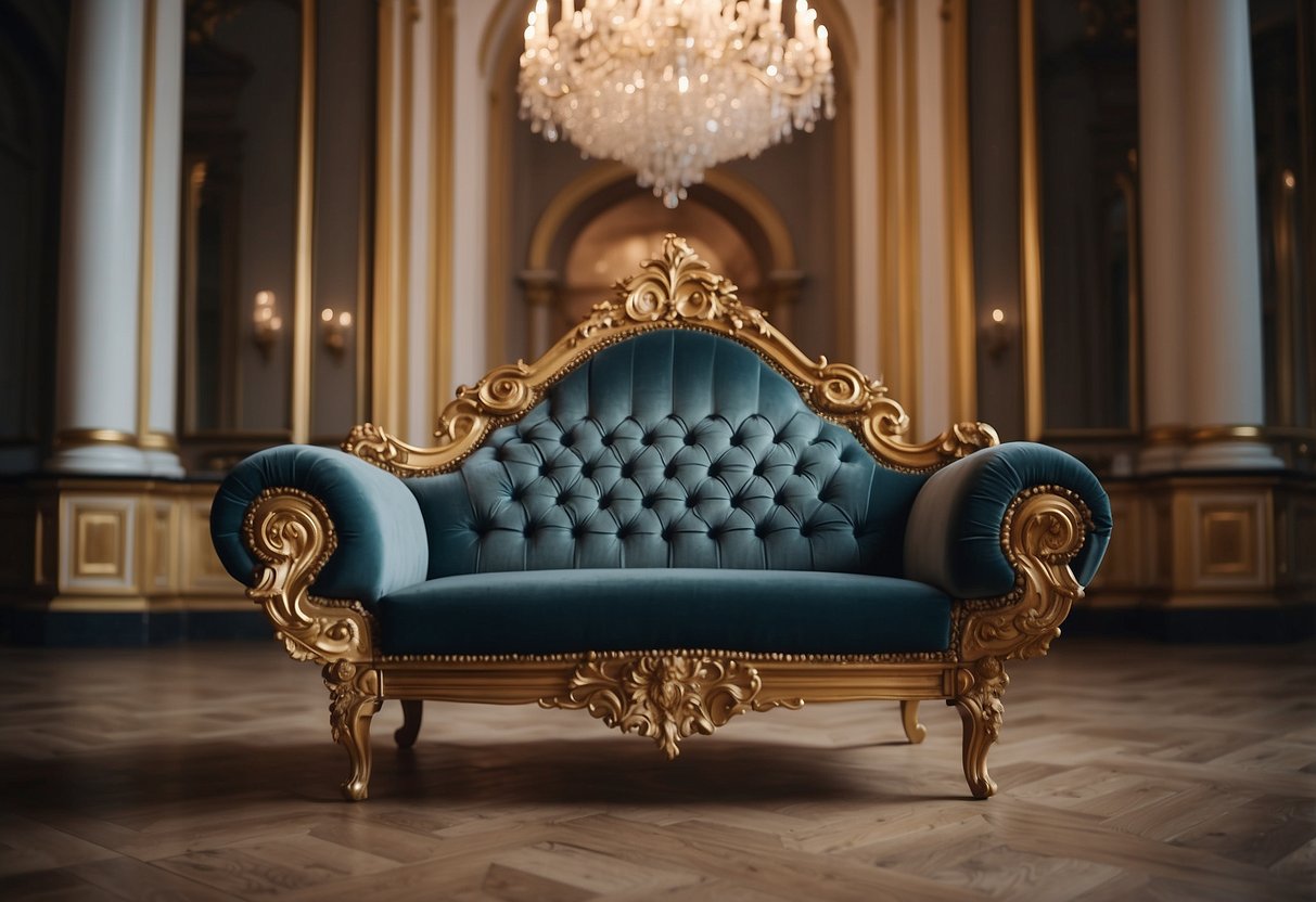 A grand baroque chair contrasts with a delicate rococo settee in a lavish, ornate room