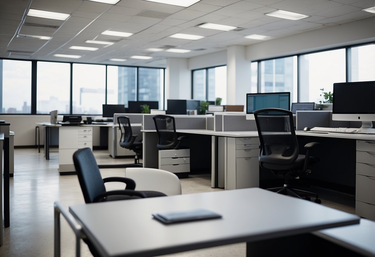 A modern office setting with sleek furniture, a desk with a computer, and a stack of papers labeled "Frequently Asked Questions bm office furniture."
