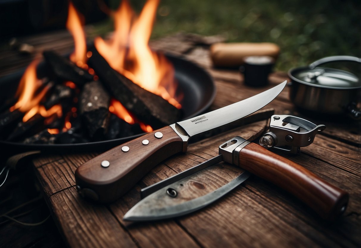 A campsite with 5 different knives laid out on a wooden table, surrounded by camping gear and a crackling campfire