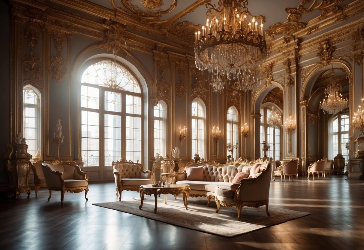 A grand hall with ornate, heavy baroque furniture contrasts with a delicate, elegant rococo salon, showcasing the evolution of furniture styles