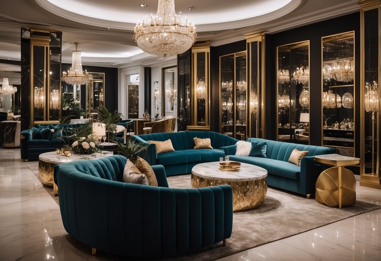 Luxurious showroom with elegant, opulent furniture. Crystal chandeliers, velvet sofas, and marble tables. Exquisite decor and high-end finishes throughout