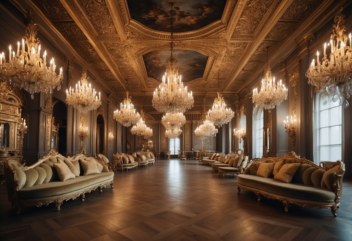 A grand hall with ornate baroque and rococo furniture arranged in symmetrical patterns, adorned with intricate carvings, gilded accents, and luxurious upholstery