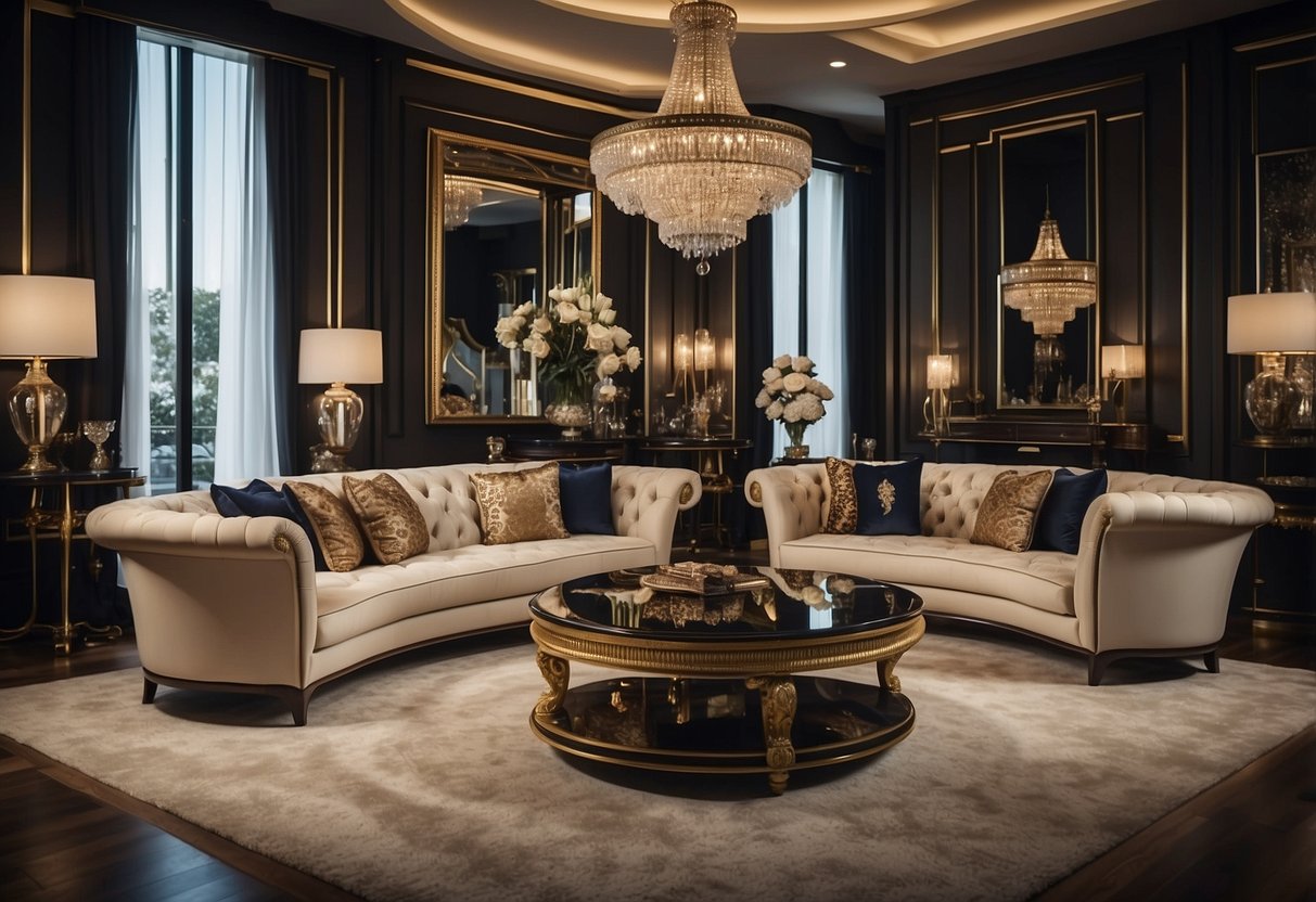 Opulent showroom displays luxury furniture, adorned with exquisite details and lavish materials, exuding an air of sophistication and opulence