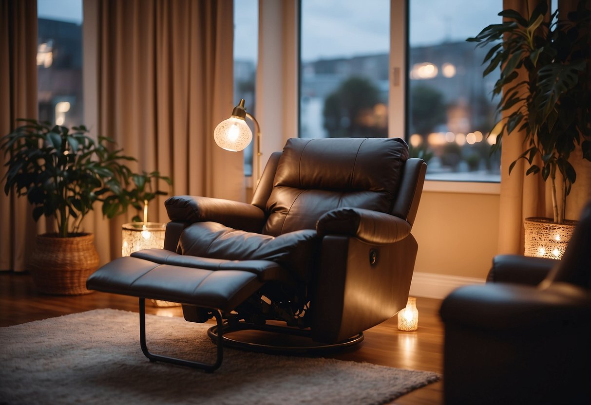 A cozy living room with a Marquis recliner as the focal point, surrounded by soft lighting and a warm color palette