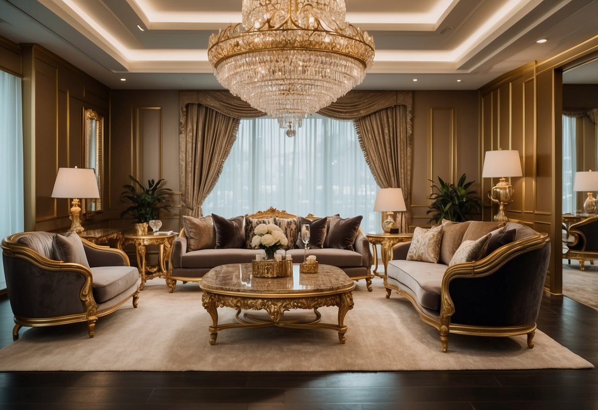 Luxurious furniture displayed in opulent showrooms, featuring rich materials like velvet, marble, and gold accents. Elegant design themes exude sophistication and exclusivity
