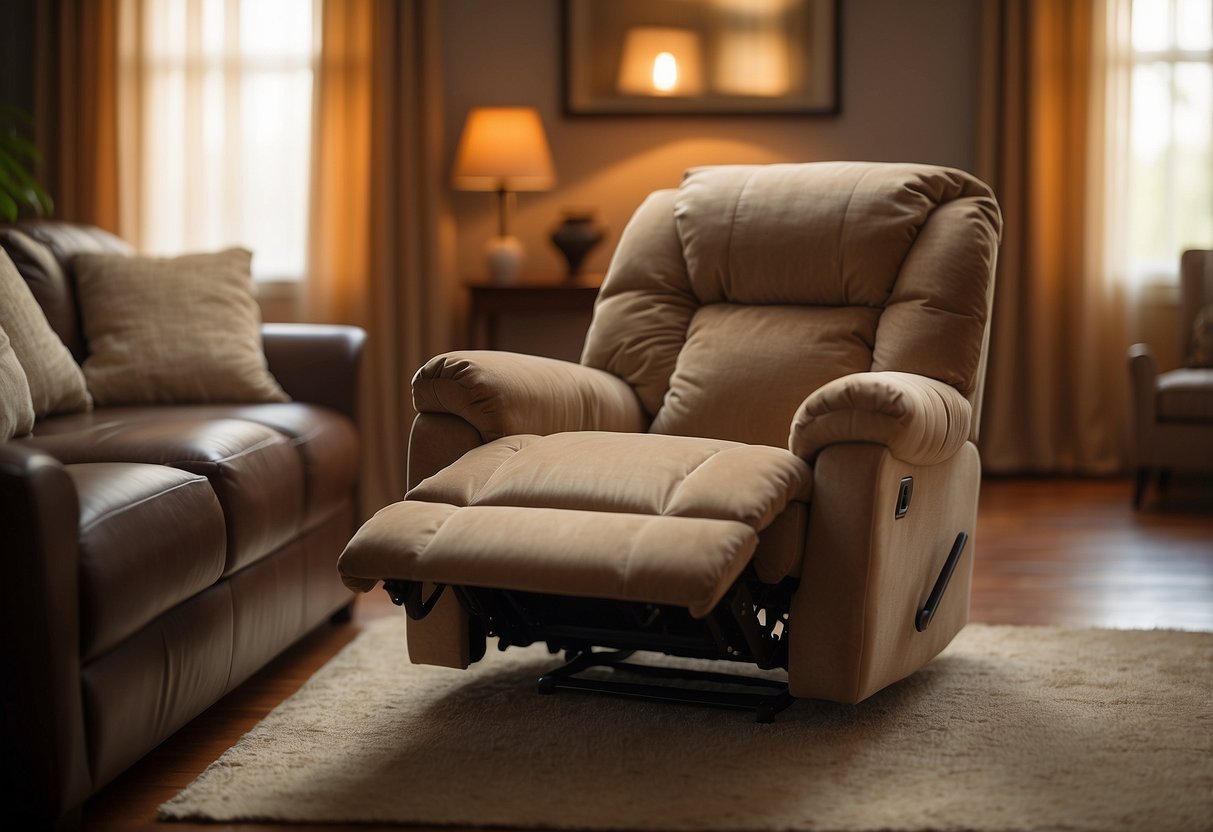 A hand reaches out to touch the plush fabric of a Marquis recliner in a cozy living room, surrounded by soft lighting and a warm color palette
