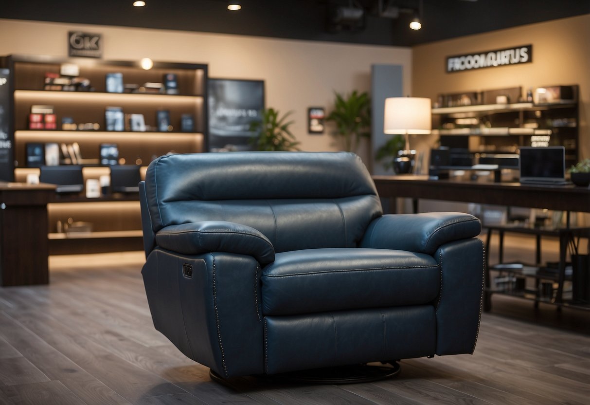 A comfortable recliner surrounded by a display of various Marquis Furniture products, with a sign reading "Frequently Asked Questions" prominently displayed