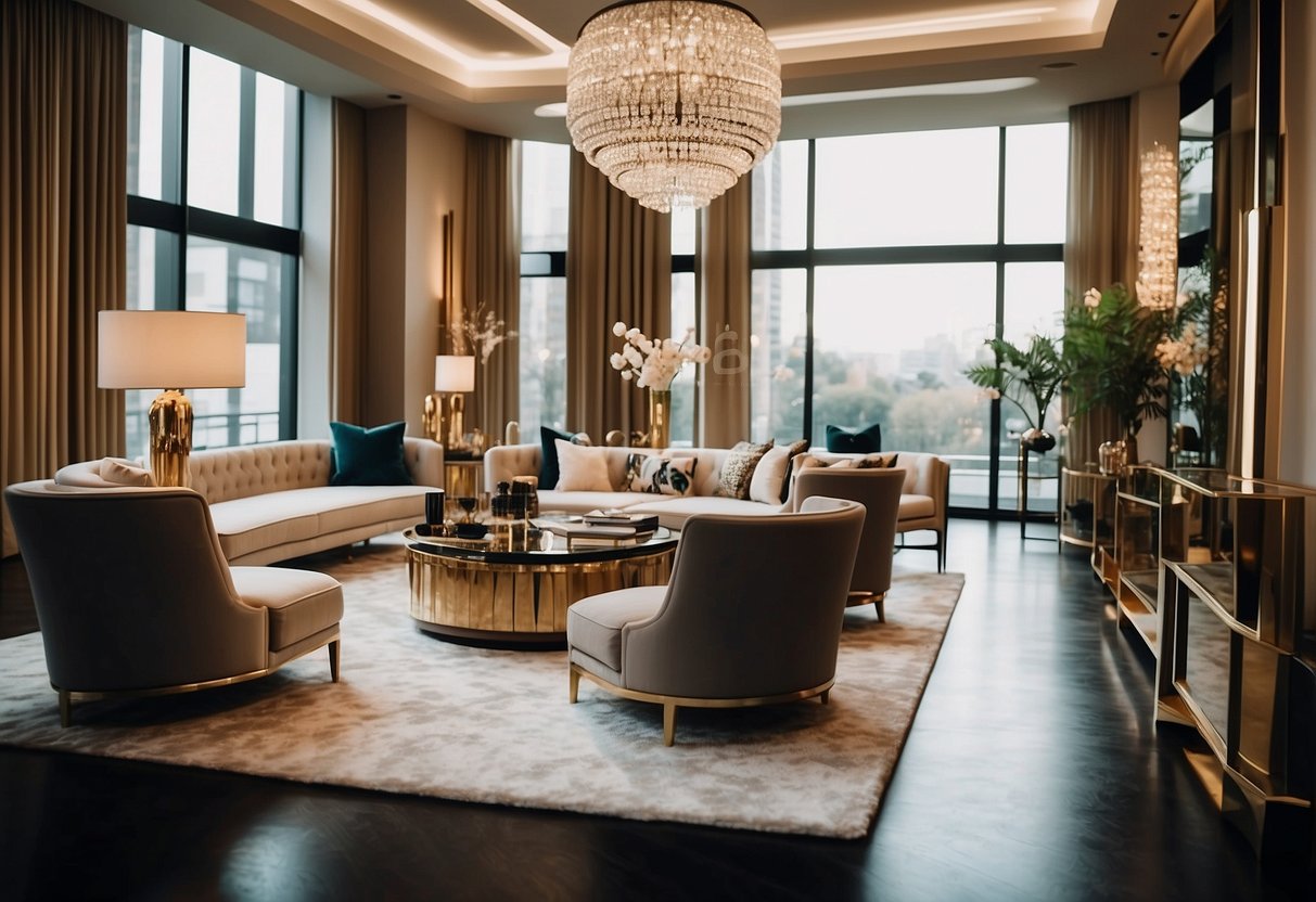 A luxurious showroom with elegant, high-end furniture displayed in opulent settings, showcasing the most expensive pieces from top-tier brands