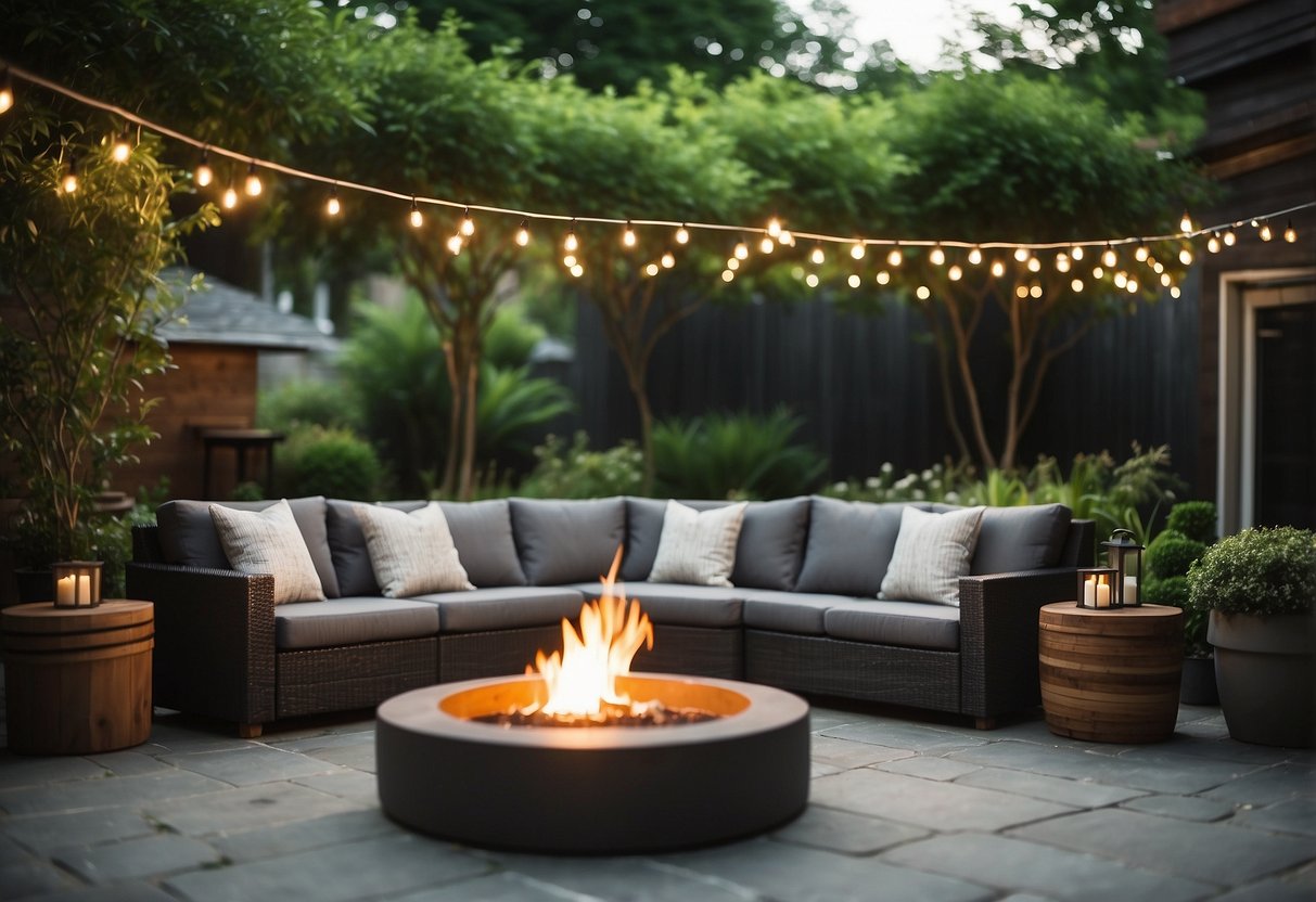 A cozy outdoor patio with a variety of stylish and comfortable furniture arranged around a fire pit and surrounded by lush greenery