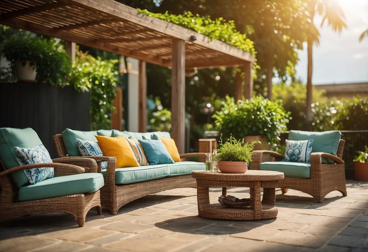 A colorful outdoor furniture display with a variety of seating options, surrounded by lush greenery and bathed in warm sunlight