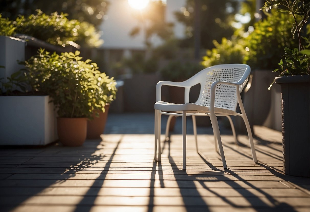 A plastic chair and table arranged on a modern patio. Sunlight streams through the open space, casting shadows on the clean, minimalist design