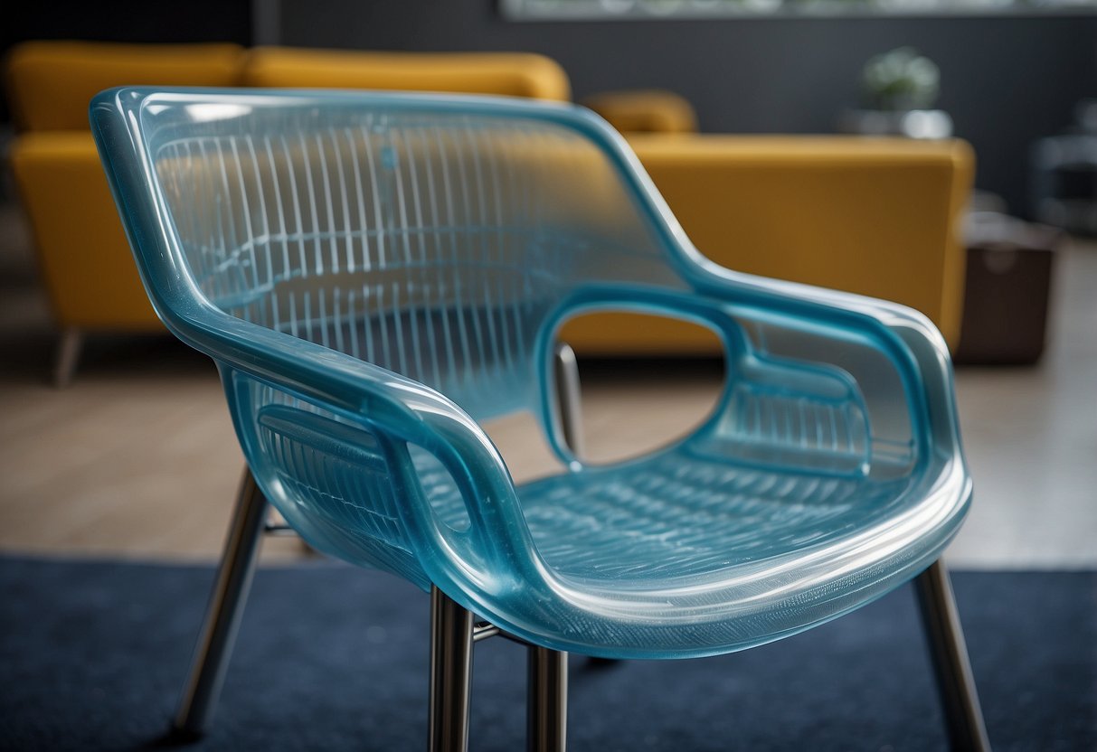 A modern plastic chair is being carefully crafted, with a focus on sleek lines and durable materials. The designer's attention to detail is evident in the precision of the design
