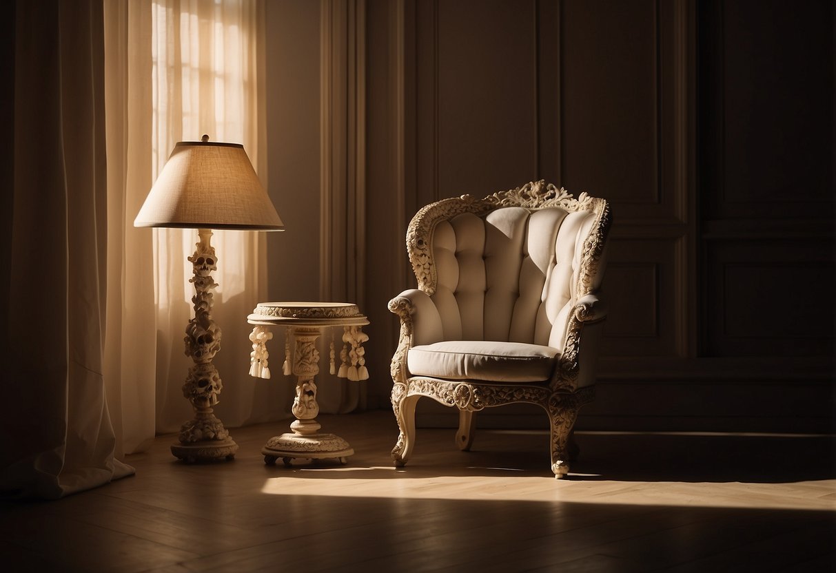 A room with bone furniture: a chair, table, and lamp made of polished bones. The eerie glow of the lamp casts shadows on the walls