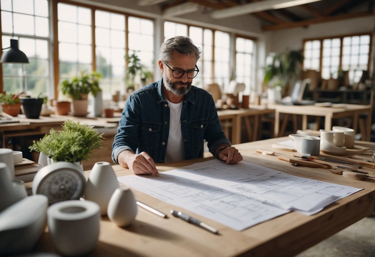 A plastic furniture designer sketches eco-friendly designs in a sustainable workshop, surrounded by recycled materials and renewable energy sources