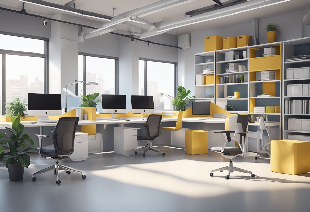 A modular workstation with adjustable desks and shelves. Bright, open space with ergonomic chairs and modern design