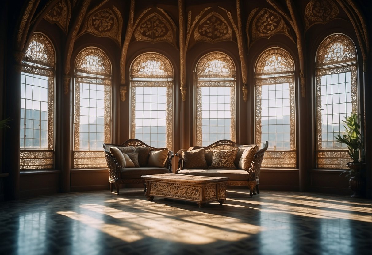 A room with bone inlay furniture, ornate patterns, and rich colors. Light filters in through a window, casting intricate shadows on the floor
