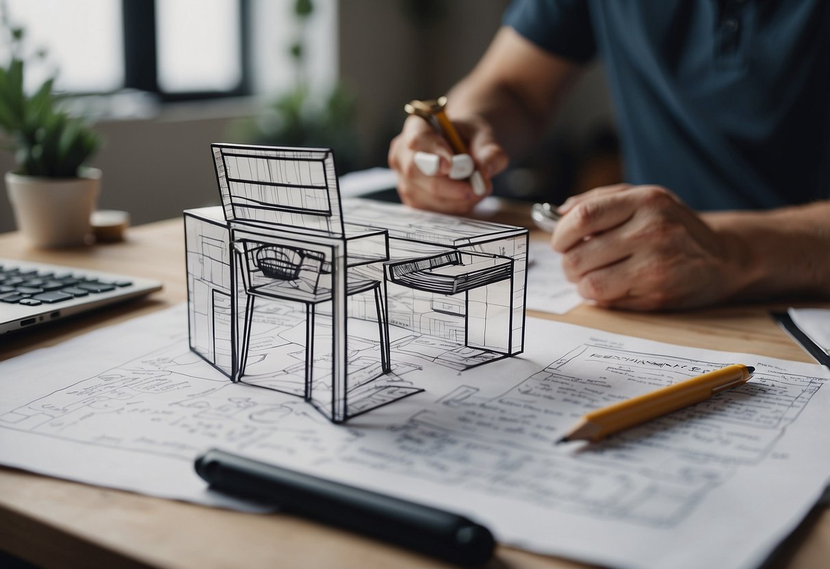 A designer sketches plastic furniture, surrounded by FAQ notes and a computer