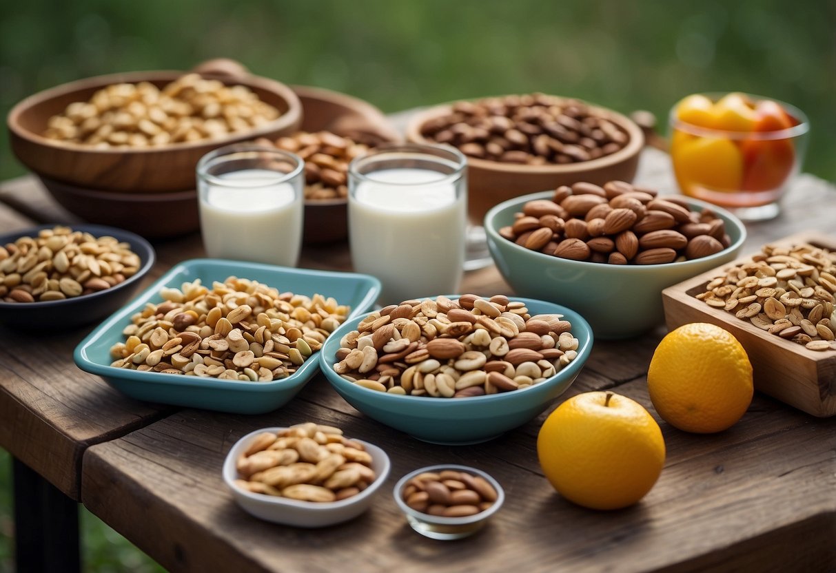 A campsite with a variety of energizing snacks laid out on a picnic table, including nuts, granola bars, fruit, and trail mix