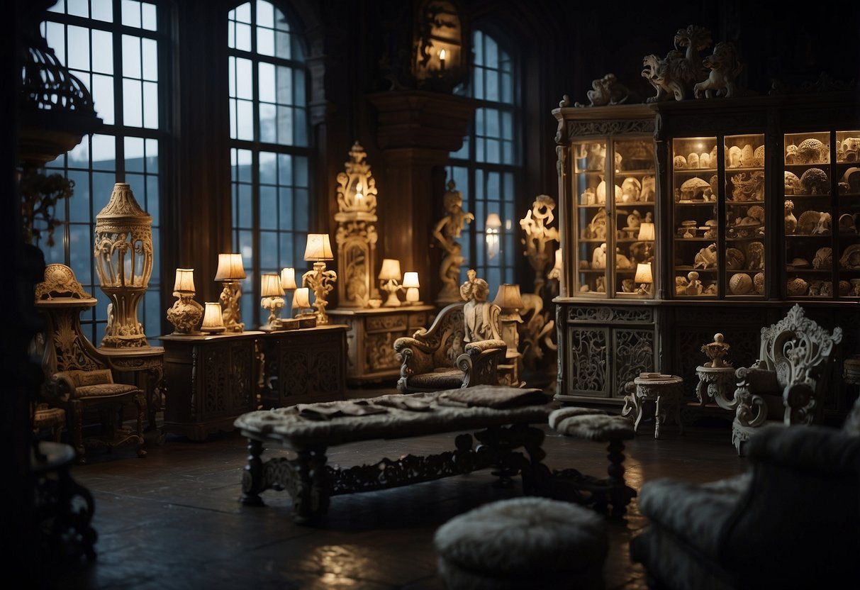 A dimly lit room reveals a collection of bone furniture, intricately carved and arranged in an eerie yet captivating display