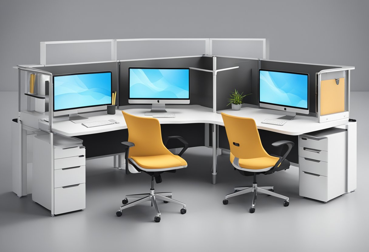A sleek, modern modular workstation with adjustable desk height, ergonomic chair, integrated cable management, and storage compartments