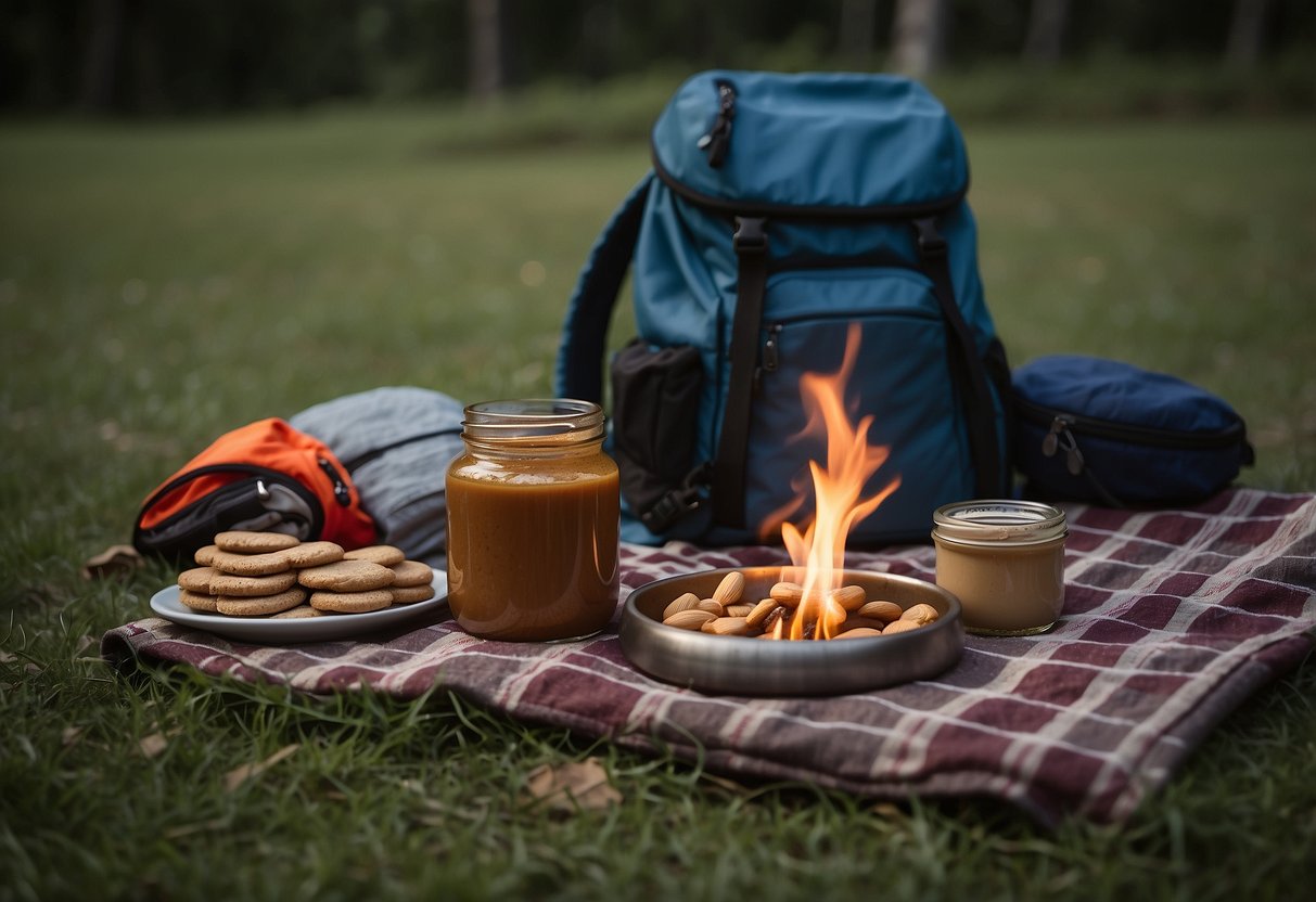 A campsite with a backpack, tent, and campfire. A jar of peanut butter, RXBAR, and energy snacks scattered on a picnic blanket