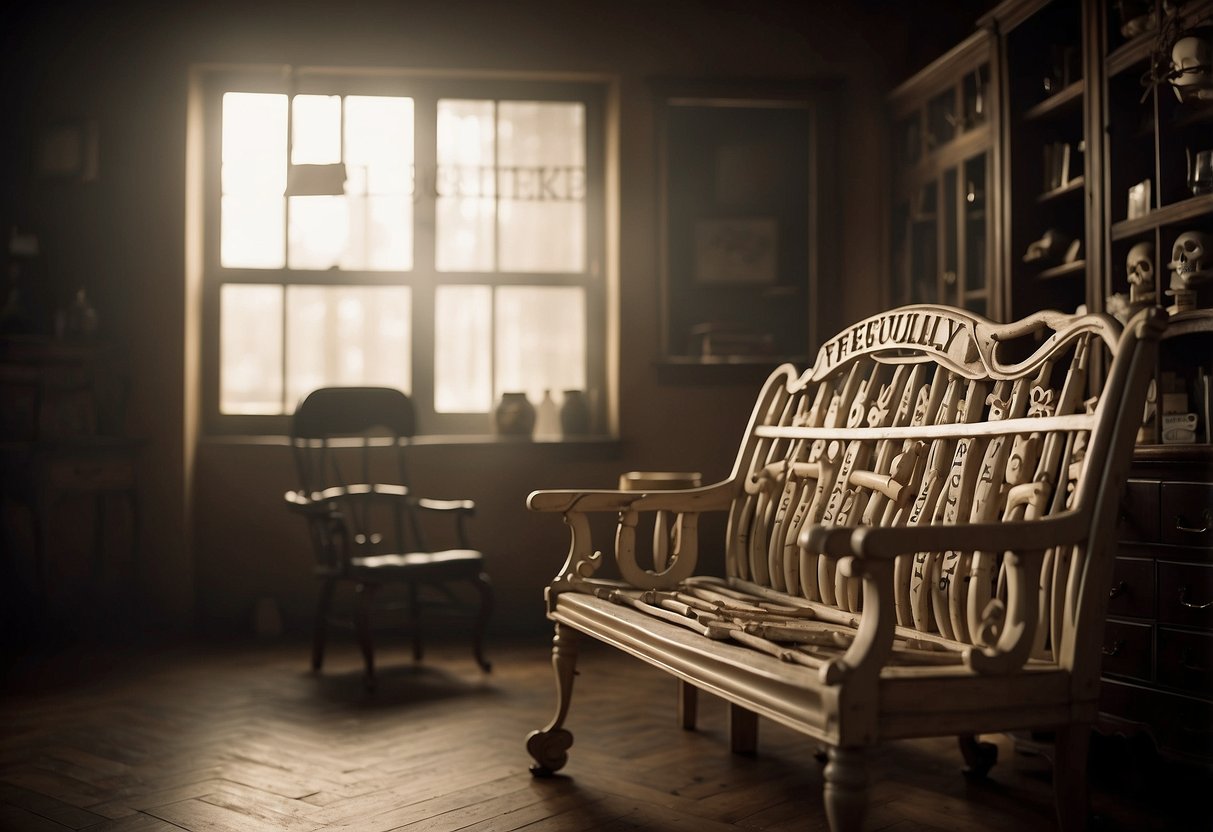 A display of bone furniture with a sign reading "Frequently Asked Questions" in a dimly lit room