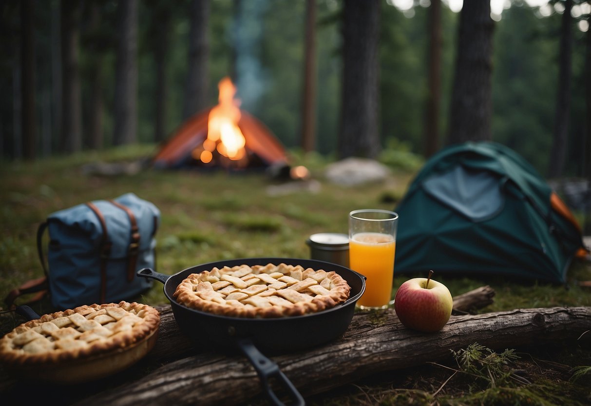 A campsite with a cozy fire, surrounded by trees. A backpack and tent are nearby, with a Larabar Apple Pie snack on a log