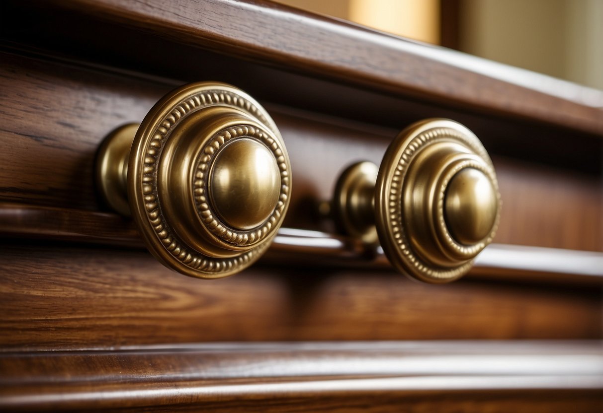 Shiny brass drawer pulls and cabinet knobs adorn a wooden dresser, catching the light and adding a touch of elegance to the furniture