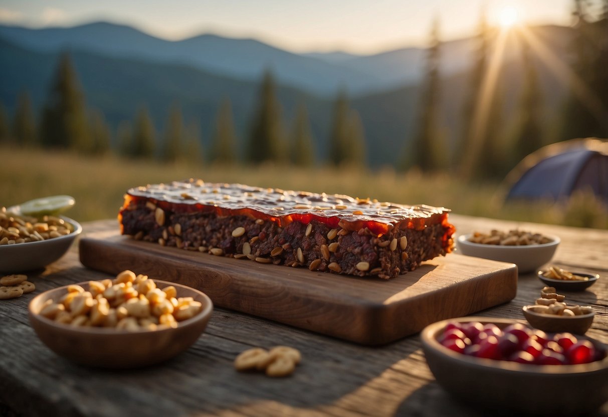 A bison bacon cranberry bar sits on a camping table surrounded by other energy snacks. The bar is unwrapped, showing its hearty ingredients