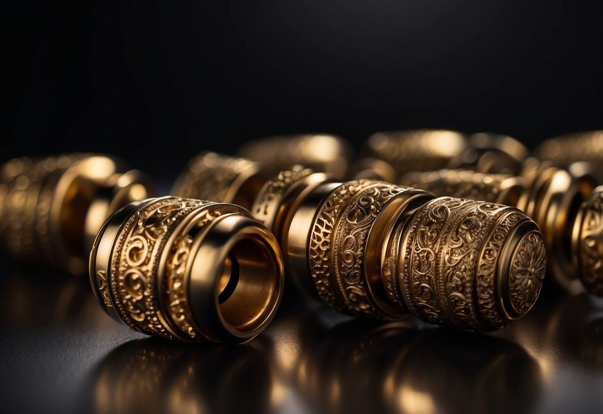 A close-up of shiny brass furniture hardware, with intricate designs and textures, set against a dark background