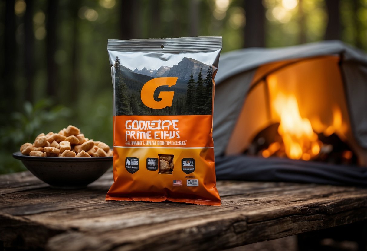 A package of Gatorade Prime Energy Chews sits on a rustic camping table surrounded by other camping snacks. The backdrop includes a scenic outdoor setting with trees and a campfire