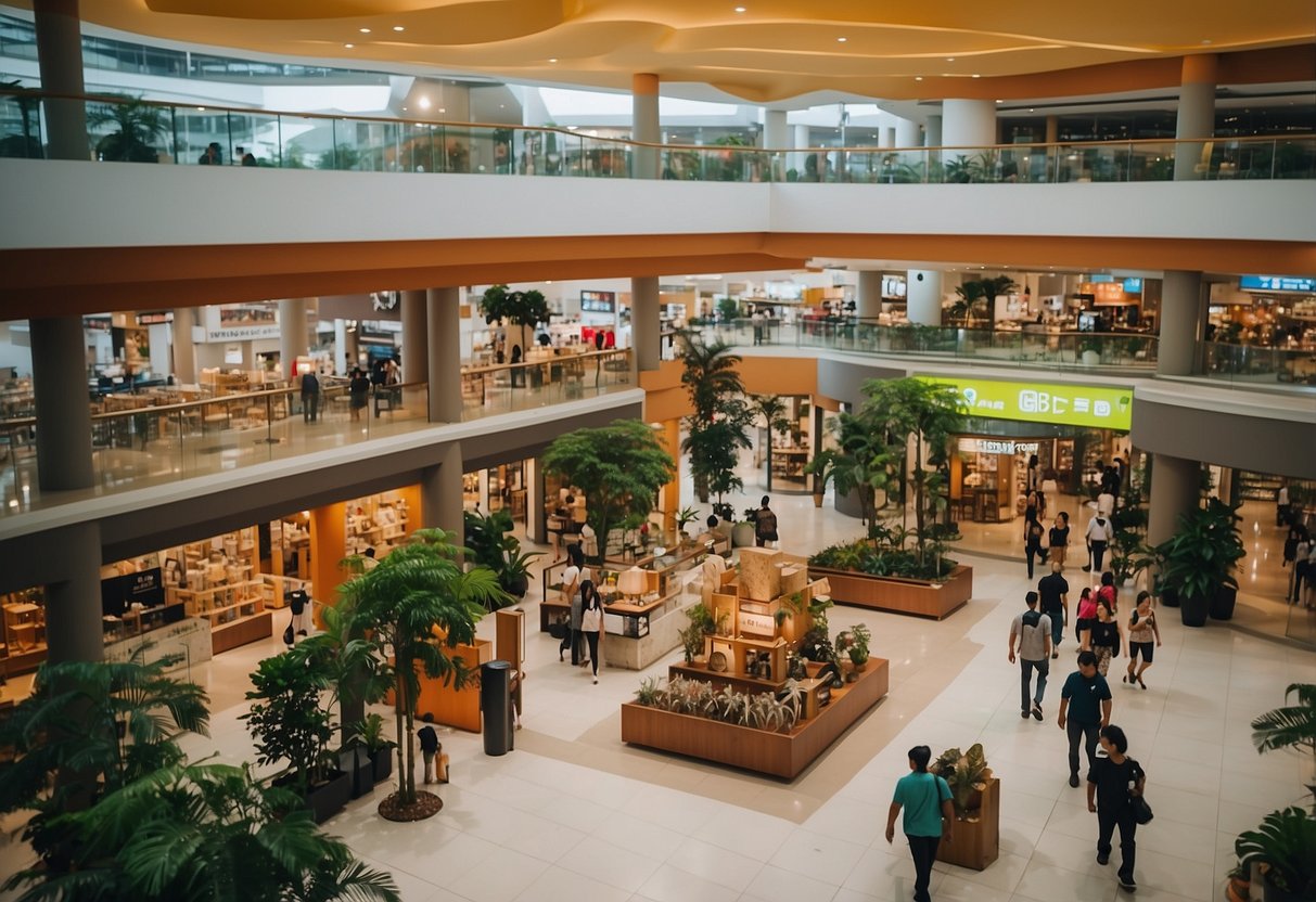 The bustling Paya Lebar Furniture Mall with vibrant shops and shoppers browsing through a variety of furniture and home decor items